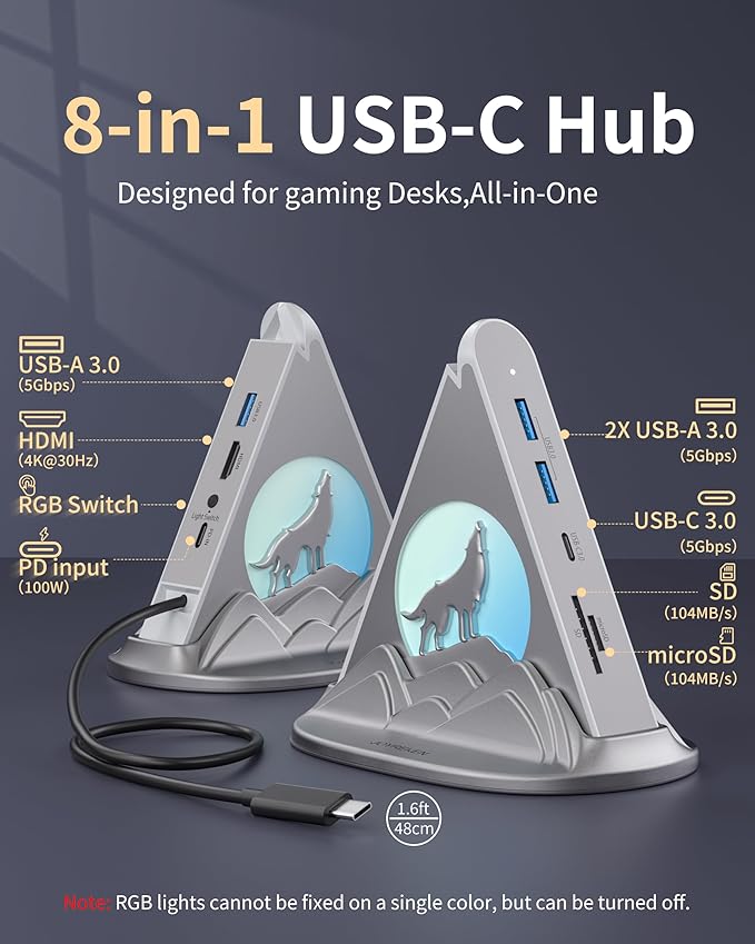 8-in-1 USB-C Multiport Adapter for MacBook Pro/Air 4K HDMI 3 USB-A Ports 1 USB-C Data 100W PD SD/TF Card Reader &amp RGB Lighting Type-C HUB for Laptops PC Surface XPS