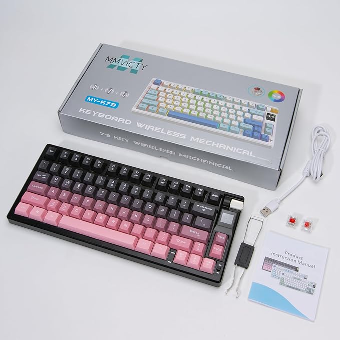MY-K79 Gradient Wireless Mechanical KeyboardLinear Red Axis Gaming Keyboard with TFT Smart Display&ampKnobHot Swappable Gasket Mount 75% Layout with KnobRGB Backlit Bluetooth/2.4G/USB-C (Gray)