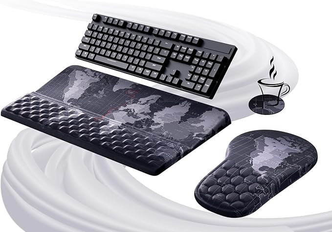 Ospelelf Ergonomic Mouse Pad and Keyboard Stand Wrist Rest Set Memory Foam Comfort Pain Relief for Typing Office Desk Accessories Map