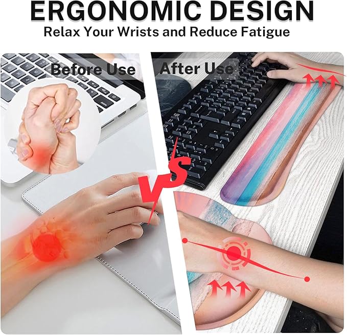 Arttown Pink Blue Sky Desk Mat Turquoise Ocean Mouse Pad Set 4 in 1 Dusk Beach Ergonomic Design Large Desk Pad + Keyboard Wrist Rest + Mouse Wrist Rest + Coaster Suitable for Home Office Study Game