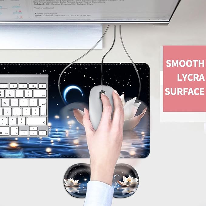 Mouse PadLarge Desk Mat Set 4in1 XL Mousepad + Keyboard Wrist Rest+Mouse Wrist Rest+Coaster with Ergonomic Desk Pad for Home Office Table Computer Cover -Butterfly and Lotus at Night
