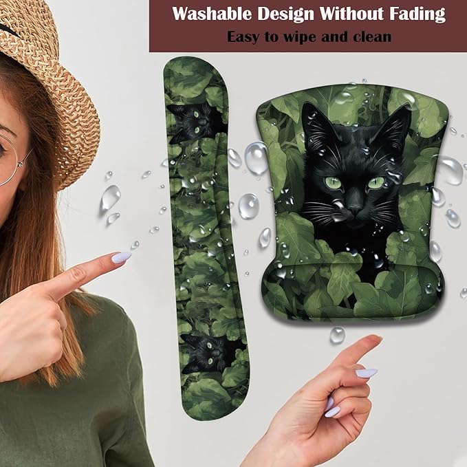 Keyboard Wrist Rest and Mouse Pad Wrist Support with Lace-Shaped Coaster Set Ergonomic Gel Memory Foam and Anti-Slip Base Easy Typing and Pain Relief - Black Cat