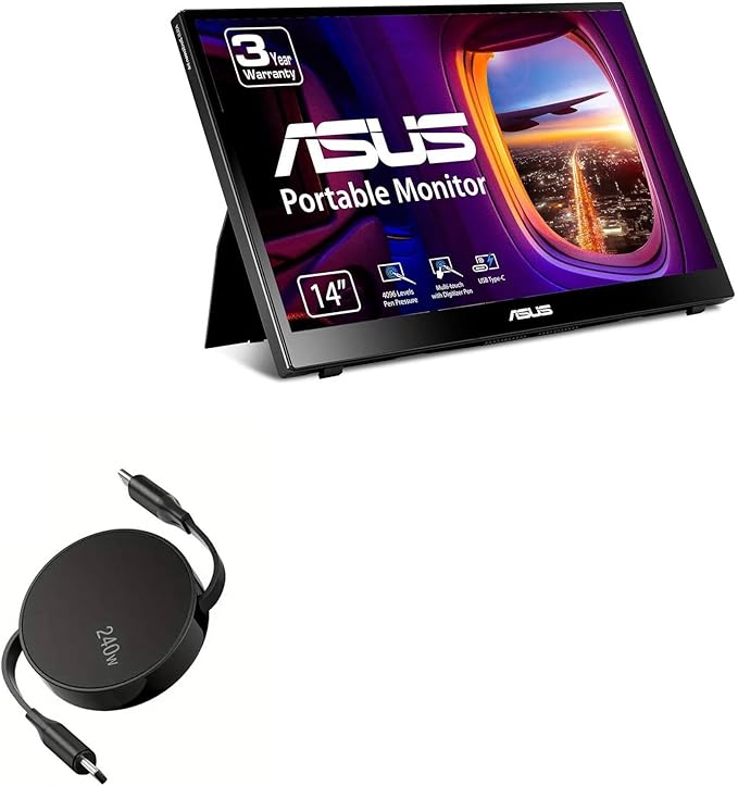 BoxWave Cable Compatible with ASUS ZenScreen Ink Portable Touchscreen Monitor (MB14AHD) (14 in) - PD miniSync (240W) Retractable PD 240W Portable USB Type-C Cable - Jet Black