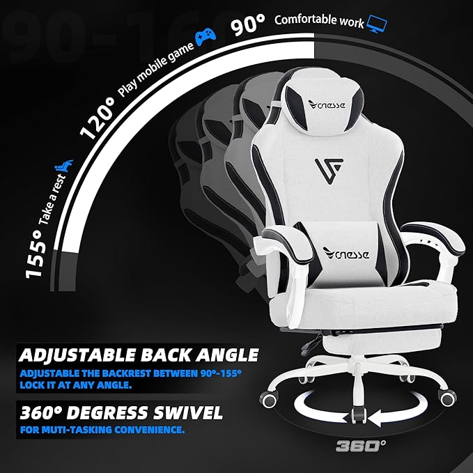 Vonesse Gaming Chair Computer Chair Fabric with Pocket Spring Cushion Office Chair with Footrest and Massage Lumbar Support Reclining Gaming Chairs for Adults 250LBS (Beige White)