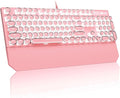 MageGee Typewriter Mechanical Gaming Keyboard Retro Punk Pink Round Keycaps 104 Keys LED White Backlit Wired Keyboards for Laptop MAC PC Gamer with Magnetic Wrist Rest Blue Switch