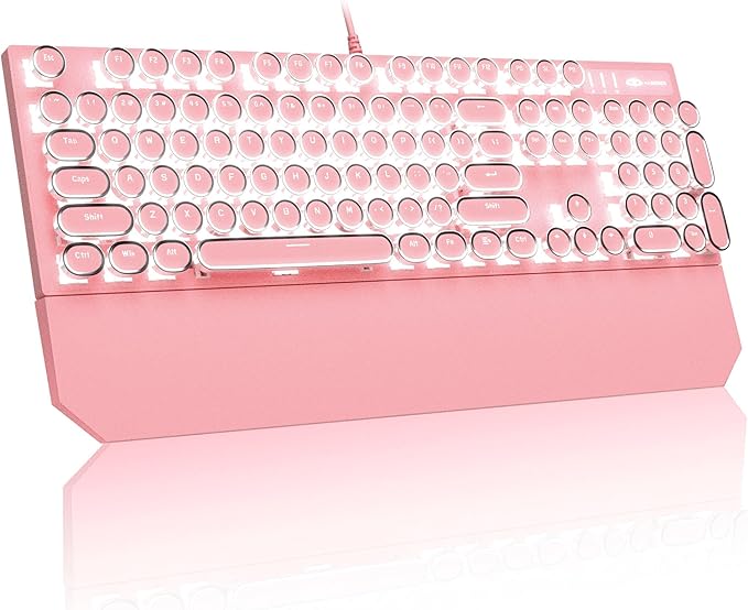 MageGee Typewriter Mechanical Gaming Keyboard Retro Punk Pink Round Keycaps 104 Keys LED White Backlit Wired Keyboards for Laptop MAC PC Gamer with Magnetic Wrist Rest Blue Switch