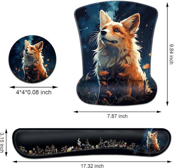Keyboard Wrist Rest and Mouse Pad Wrist Support Set Ergonomic Gel Mouse Pad Wrist Rest with Non-Slip Base for Home Office Desk Pad Easy Typing Cute Red Fox Animal Pattern Black Gaming Mouse Mat