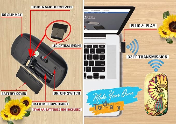 maizi Mouse Chromebook Laptop PC Notebook Mice 14984911 Flower Design on Grun 2.4G USB Receiver Portable Printed in USA