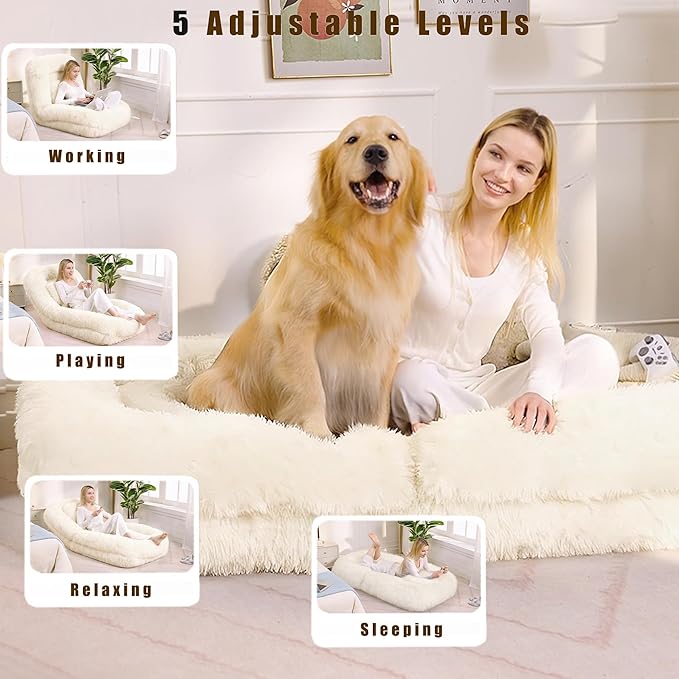 Floor Chair with Back Support Human Dog Bed with 5 Adjustable Position Convertible Lazy Floor Lounger Comfy Gaming Chair Plush Folding Sofa Bed for Adult Living Room Bedroom Cream Beige