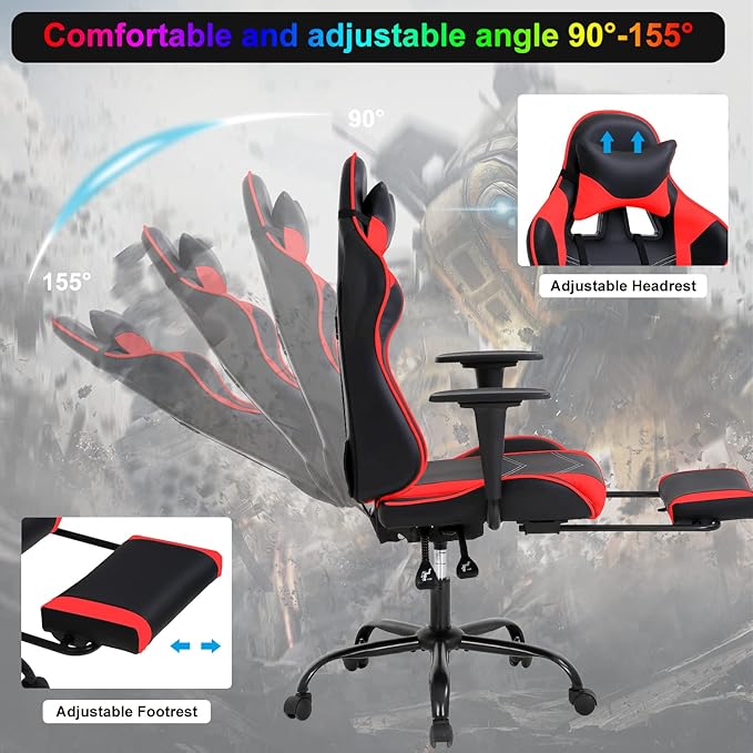 Gaming Chair Computer Chair Ergonomic Gaming Chair with Footrest Reclining High Back Video Game Chair with Lumbar Support Headrest Armrest Swivel Seat for Women Men (Red)