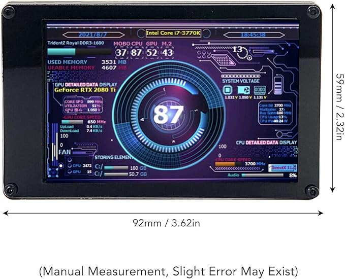 PC CPU HDD Data Monitor 3.5in Computer Temperature Display with Holder Live Readouts GPU Internet Speed Weather Visual Theme Editor USB Computer Temp Monitor for RasPi for