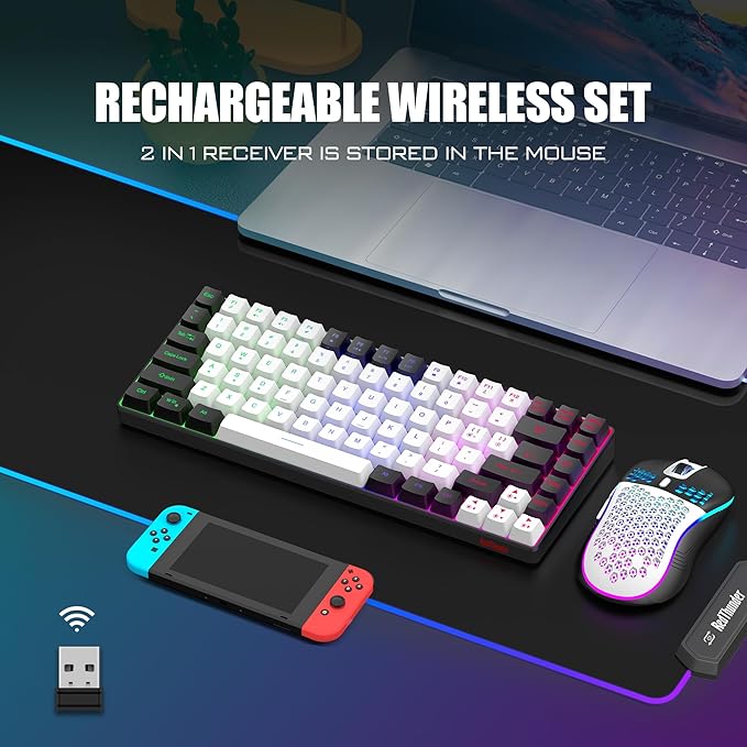 RedThunder K84 Wireless Keyboard and Mouse Combo LED Rainbow Backlit Rechargeable Battery 75% Layout TKL Ultra Compact Gaming Keyboard &amp Lightweight 3200 DPI Honeycomb Optical Mouse (White-Black