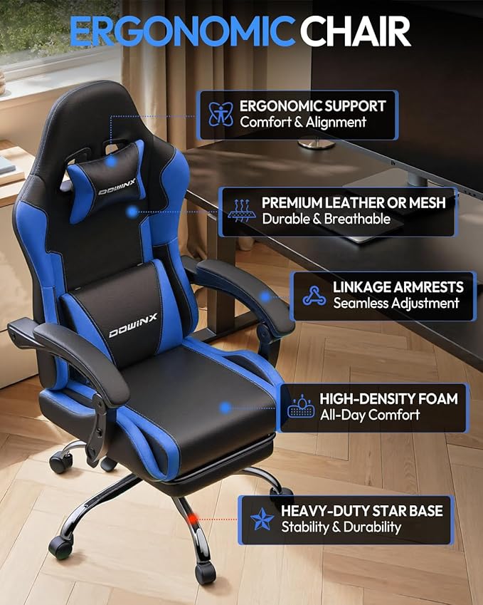 Dowinx Ergonomic Gaming Chair with Footrest &amp Massage Lumbar 2D-Linkage Armrests for Computer Chair 330lbs with Headrest Pillow for Office Home Streaming and Long Gaming Sessions Blue