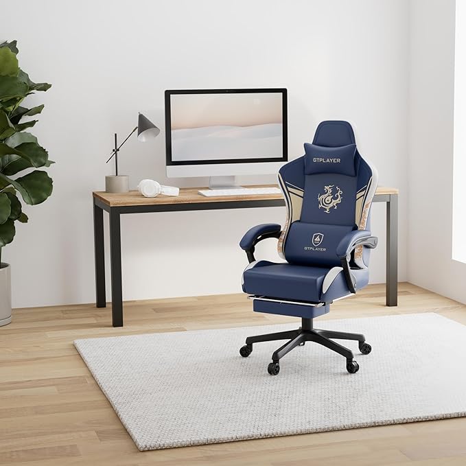 GTPLAYER Gaming Chair with Bluetooth Speakers and Footrest Dragon Series Video Game Chair Heavy Duty Ergonomic Esports Computer Office Chair Blue (Royal Blue)
