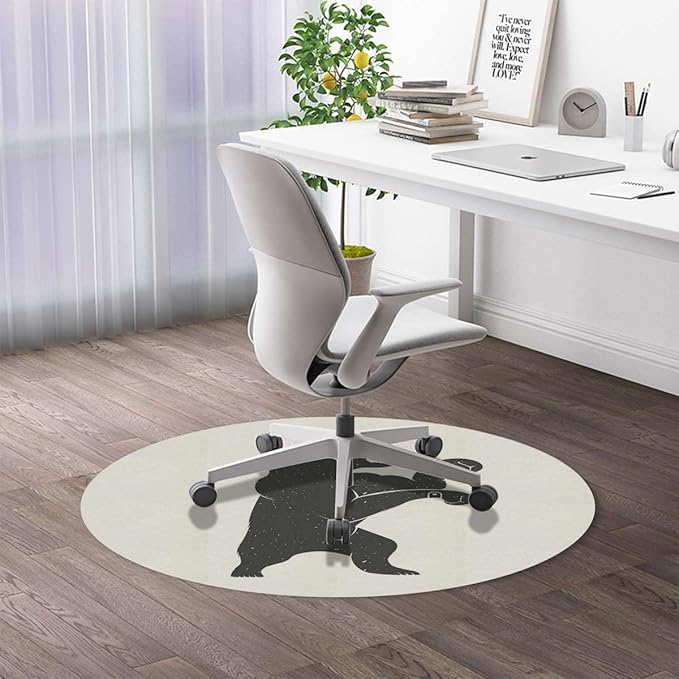 White Black PU Leather Computer Gaming Rolling Chair Mat Bear Fun Character Musician Heavy Duty Floor Mats for Computer Desk Easy Glide for Chairs Animal Diameter 47.2 in