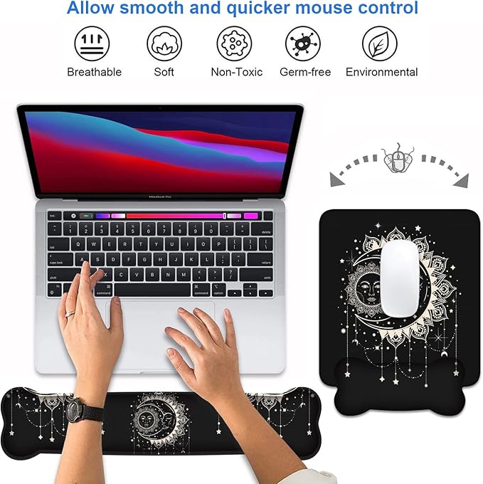 Wrist Rest Support Ergonomic Gel Mouse Pad and Memory Foam Keyboard Set Non-Slip Rubber PU Base for Home Office Working Studying Easy Typing &amp Pain Relief Celestial Theme Sun with Crescent Moon