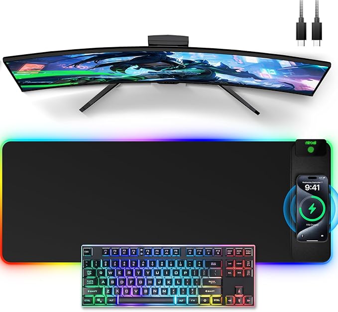 Wireless Charging Mouse Pad 31.5x11.81 XL Gaming Mousepad with 11 RGB Colors &amp 5 Lighting Modes Home Office Large Desk Pad Ultra-Smooth Surface Non-Slip Waterproof Keyboard Pad Black Desk M