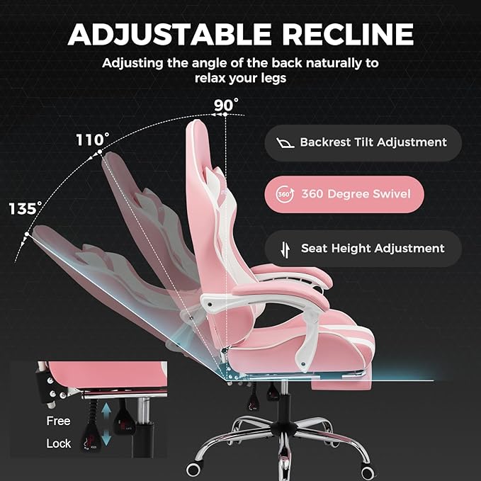 GTPLAYER Gaming Chair Computer Chair with Footrest and Lumbar Support Height Adjustable Game Chair with 360°-Swivel Seat and Headrest and for Office or Gaming (Faux Leather Pink)