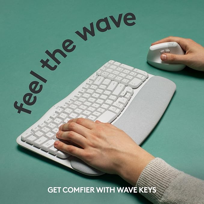 Logitech Wave Keys Wireless Ergonomic Keyboard with Cushioned Palm Rest Comfortable Natural Typing Easy-Switch Bluetooth Logi Bolt Receiver for Multi-OS Windows/Mac - Off White