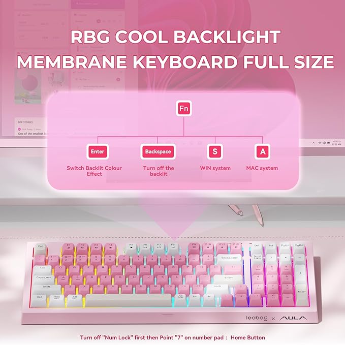 LEOBOG x Aula Gaming Keyboard Wireless Creamy Keyboard Bluetooth Computer Keyboards Ergonomic Pink Keyboard Full Size with Number Pad Light Up RGB Backlit Tri-Mode BT/2.4GHz/USB-C - K99