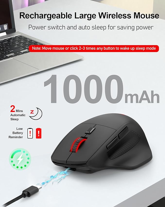 Redragon Large Wireless Gaming Mouse for Big Hands Tri-Modes 2.4G/Bluetooth/Wired Rechargeable Ergo RGB Mouse with 2 Side Buttons 6 Backlit Modes Programmable Macro Gamer Mouse