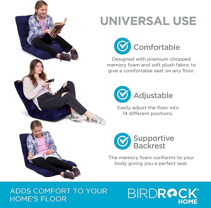 BIRDROCK HOME Adjustable Memory Foam Floor Chair - Ideal for Gaming Reading Meditation - Comfortable and Versatile - Suitable for Kids and Teenagers - Comfy Foldable Floor Seat - Blue