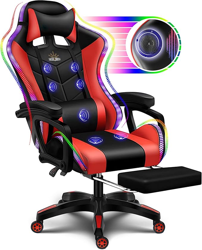 RGB Gaming Chair with Massage and Footrest Ergonomic Pro Computer Chair with LED Lights and Speakers High Back Music Video Chair with Lumbar Support and Headrest for Adult Teens. (Black + Red)