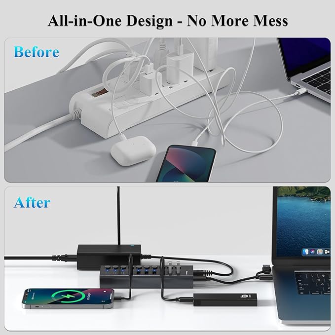 Powered USB Hub 10-Port USB C Hub with 6 USB-A 3.2 4 USB-C 3.2 Ports Individual Switches and 12V/5A Power Adapter Aluminum USB Extension for MacBook Laptop/PC and More.