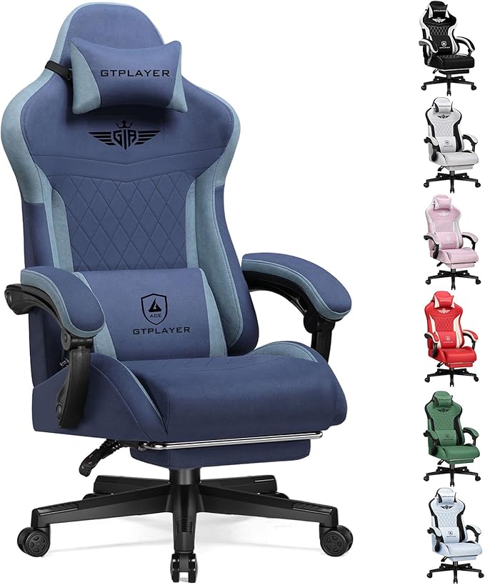 GTPLAYER Gaming Chair with Footrest Big and Tall Game Chair High Back Computer Office Chair with Lumbar Support for Adults Ergonomic Swivel Games Chair with Cushion Gaming Fabric Blue