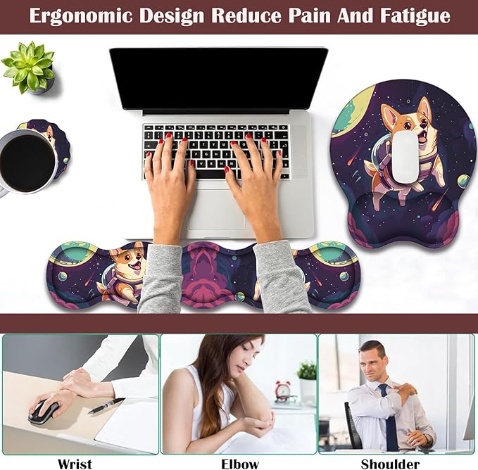 Keyboard Wrist Rest and Mouse Pad Wrist Support with Lace-Shaped Coaster Set Ergonomic Gel Memory Foam and Anti-Slip Base Easy Typing and Pain Relief - Space Corgis