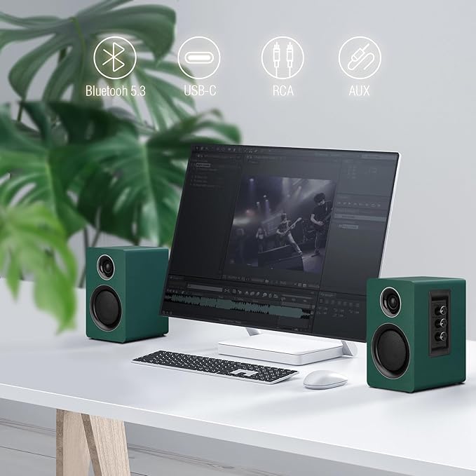 Computer Speakers for Desktop PC Active Bookshelf Speaker with 3‘’ Carbon Fiber Woofer and Silk Film Tweeter Supports Bluetooth 5.3 USB-C AUX/RCA Input for Record Player TV - Green Stereo Set