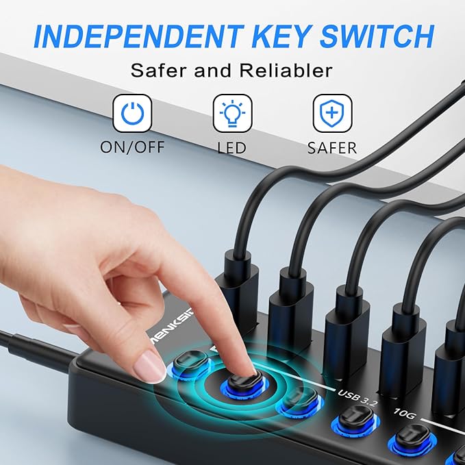 Powered USB Hub MENKSID 11-Port USB Hub 7 USB 3.2 Data Transfer Ports + 4 Smart Charging Ports Independent Switch (with LED Power Indicator) USB 3.2 Hub Powered with Power Adapter for Mac PC