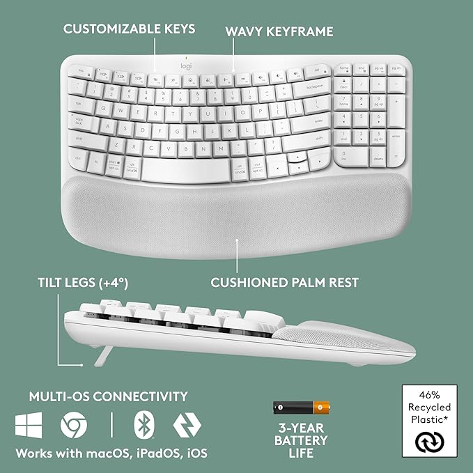 Logitech Wave Keys Wireless Ergonomic Keyboard with Cushioned Palm Rest Comfortable Natural Typing Easy-Switch Bluetooth Logi Bolt Receiver for Multi-OS Windows/Mac - Off White
