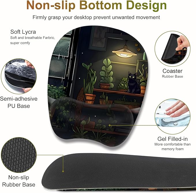 Aesthetic Green Plant Books Mouse Pad with Wrist Support 4 in1 Set XXL Big Game Mousepad + Keyboard Wrist Rest + Mouse Wrist Rest Pad +Coaster Gaming Mat for Work Study I Japanese Anime Lofi Cat