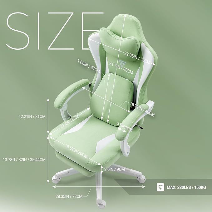 Cute Gaming Chair with Cat Paw Lumbar Cushion and Cat Ears Kawaii Pink Computer Chair with Footrest Ergonomic PC Video Anime Gaming Chairs Recliner for Kids Girls Teens (Green)