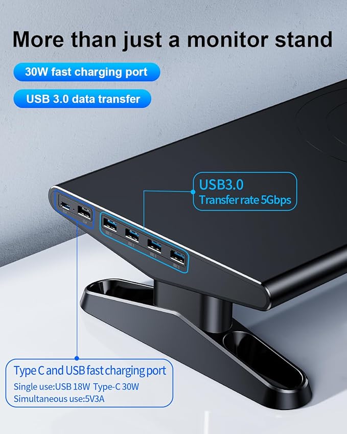 Computer Monitor Stand Riser for Desk with Usb Hub Charging30W/5Gbps Usb C Docking Station with Power4.4-5.7''Freely Height Adjustable with Phone HolderMonitor Stands Riser for PCLaptopPrinterTV
