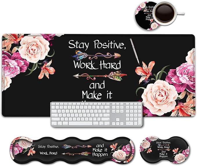 Keyboard Mouse Pad Wrist Rest Support Set Extended Black Gaming Mouse Pad Large XXL Mousepad + Ergonomic Memory Foam Wrist RestOffice Desk Mat Waterproof Writing Pad Work Hard Peony Flower