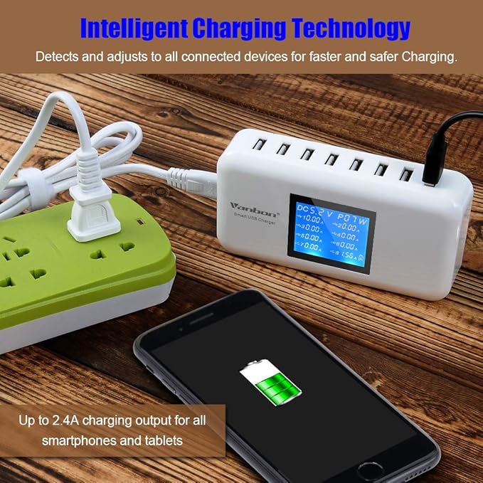 60W/12A 8-Port Desktop Charging Station Multiple USB Multi Port Travel Fast Wall Charger Hub with LCD for Smart Phones Tablet and More (White)