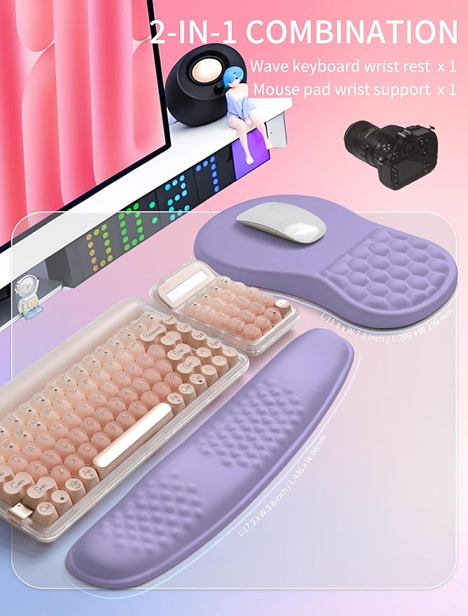 Hokafenle 2in1 Combination Wave Keyboard Wrist Rest and Ergonomic Curvature Mouse Pad Wrist Support for Relieve Wrist Pain Filled with Soft Cushion Memory Foam Purplish Blue