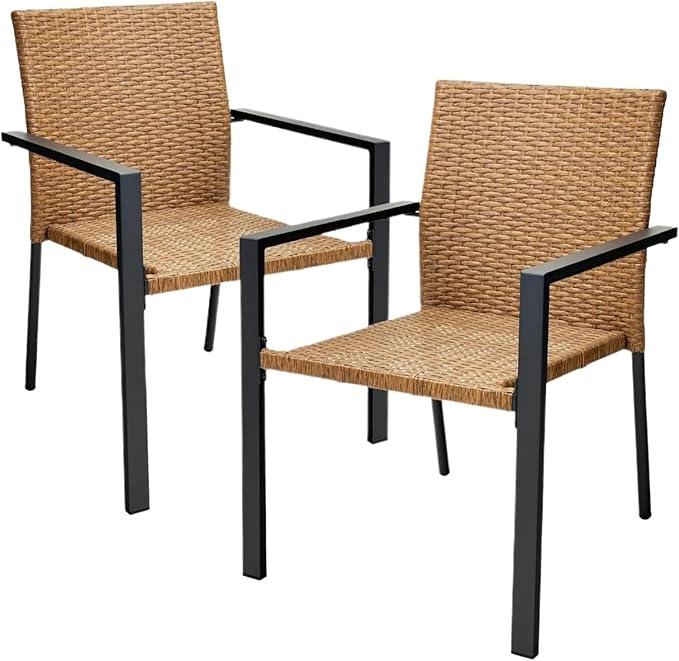 Adjustable Office Computer Chair with Armrest 2pcs Stackable Outdoor Rattan Wicker Dining Chairs with Armrests Steel Frames for Patio(Natural)
