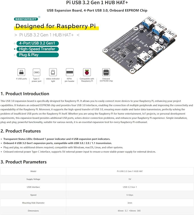 USB 3.2 Gen1 HUB HAT+ for Raspberry Pi 4-Port USB 3.0 Expansion Board with Type-C Power Supply Onboard EEPROM Plug &amp Play USB Hub Adapter Compatible with USB 2.0/1.1 Devices