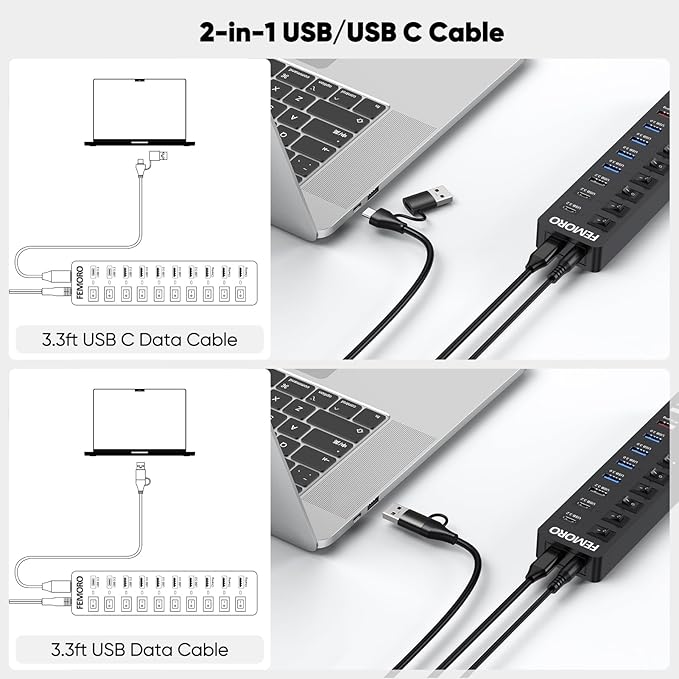 Powered USB C Hub 3.2 11-Port 48W USB-C 3.2 (10Gbps)*2 + USB-A 3.2 (10Gbps)*1 + USB-A 3.0 (5Gbps)*4 + Power-only Port*4 with 12V/4A Power Adapter High Speed for Laptop PC Phone SSD HDD Flash Drive