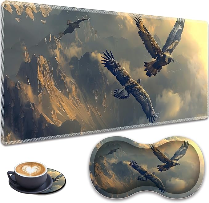3-in-1 Large Mouse Pad Gaming Set (31.5 x 11.8 inch)+ Wrist Rest Pad + Coaster Memory Foam Gel Wrist Rest Pad for Pain Relief Stitched Edges Non-Slip Table Mat Flying Eagle