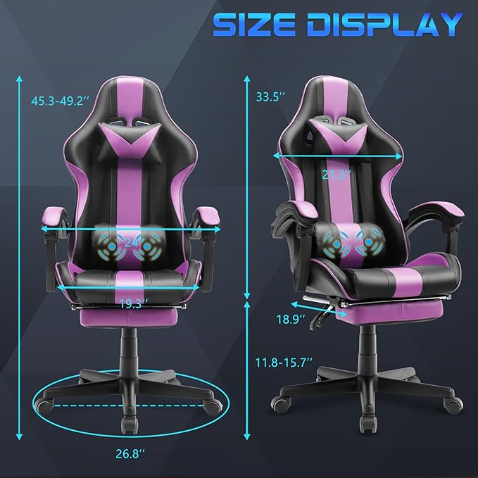 Huracan Gaming Computer Chair with Footrest and Lumbar Support Adjustable Video Game Chairs for Adults Ergonomic Reclining Desk Chair with Headrest for Office or Gaming Purple