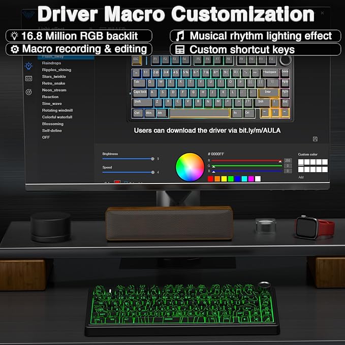AULA F75 Pro Wireless Mechanical Keyboard with Knob75% Hot Swappable Custom Gaming KeyboardsRGB BacklitPre-lubed SwitchesSide Printed PBT Keycaps Creamy Sounding Computer Keyboard Line Black