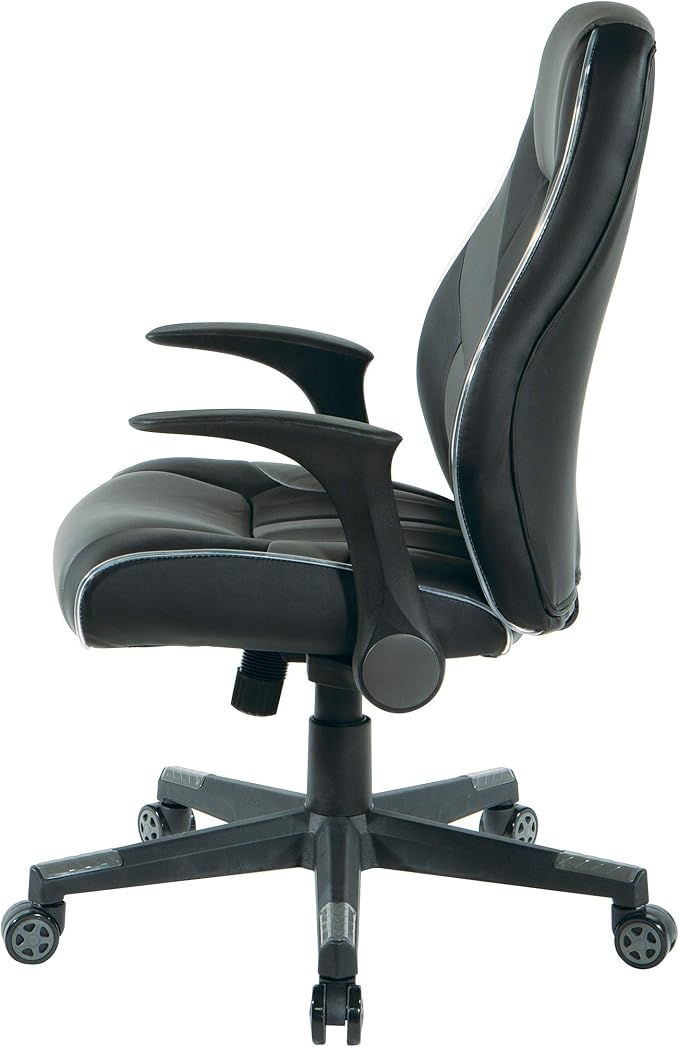 OSP Home Furnishings Output Mid-Back LED Lit Gaming Chair with Thick Padded Seat and Lumbar Support Black Faux Leather with Grey Trim and Accents