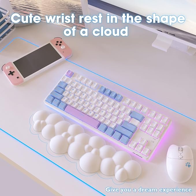 ATTACK SHARK 4 in1 Cloud Mouse PadKeyboard Wrist RestMouse Wrist Rest Supportand Leather Coaster Set with Office Desk MatNon-Slip PU Desk Pad Memory Foam Ergonomic Pain Relief for Office and Home