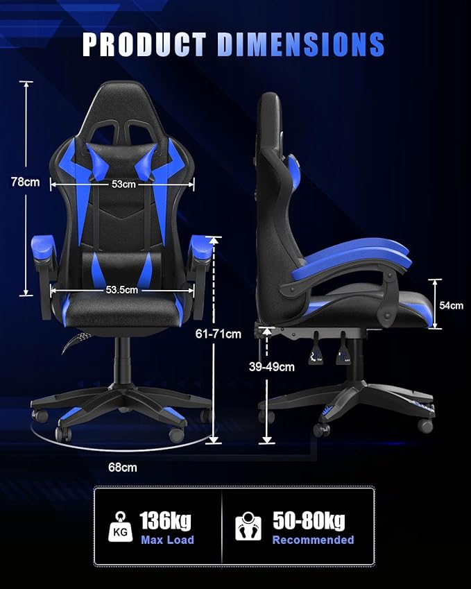 Gaming Chair with RGB LED Lights Ergonomic Computer Chair with Headrest and Lumbar Support PU Leather High Back Height Adjustable Swivel Video Game Chairs for Adults(Blue)