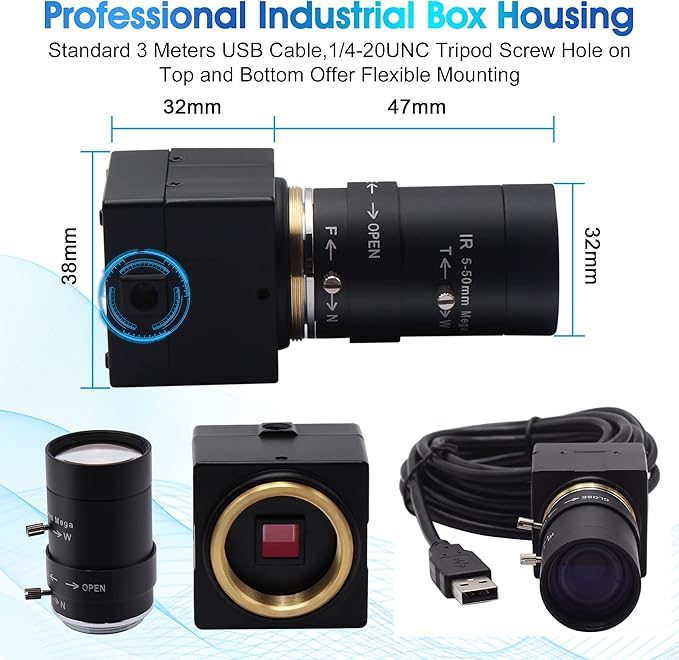 USB Camera 5MP Webcam 5-50mm 10X Variable Focus PC Camera 1944P USB Security Camera UVC CCTV Industrial Close-up Camera for Computer Plug and Play for Mac OS Windows Linux Raspberry Pi Camera