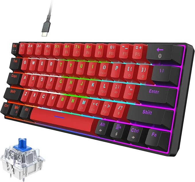 Snpurdiri 60% Wired Mechanical Gaming Keyboard LED Backlit 60 Percent Gaming Keyboard for Windows Laptop PC Mac (Black-Red Blue Switches)